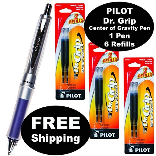 Pilot Dr. Grip Center of Gravity Retractable Ball Point Pen 36181, 1.0mm Medium Pt., Blue Grip, Black Ink, One Pen with Three Packs of Refills