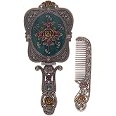 Antique Vintage Hand Mirror Comb Set - Vanity Handheld Makeup Mirror Copper | Russian Style Embossed Rose, Vanity Handheld Makeup Metal Travel Handle Portable Foldable Decorative Tabletop Stand Women