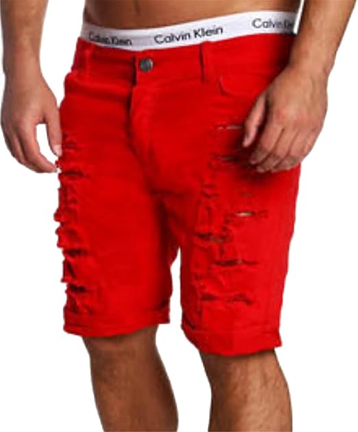 red distressed jean shorts