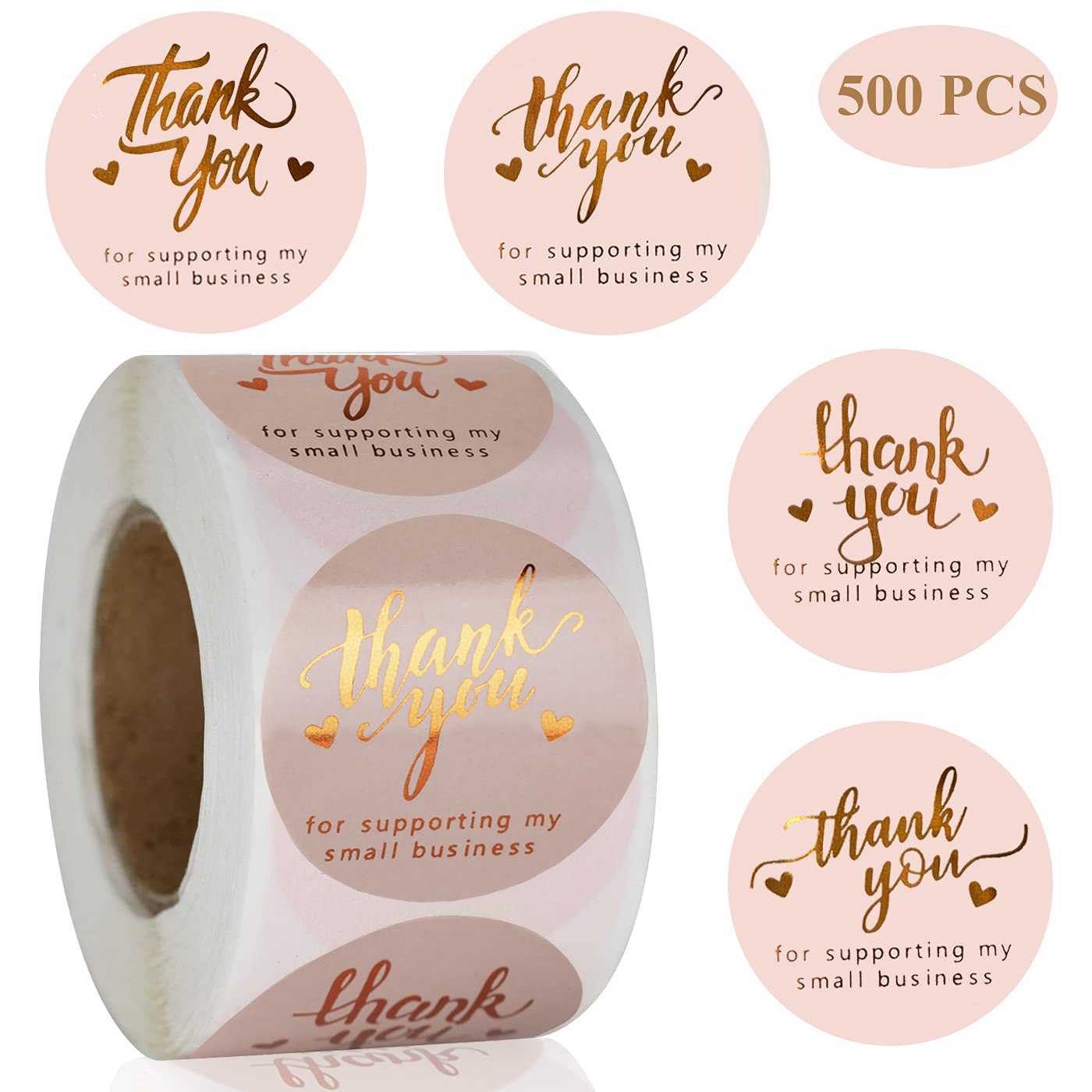 Photo 1 of 1.5'' Thank You for Supporting My Small Business Stickers 500 PCS Thank You Stickers 4 Design Font Pink Foil Rolls for Greeting Cards Flower Bouquets Self-Adhesive Labels for Gift Wraps