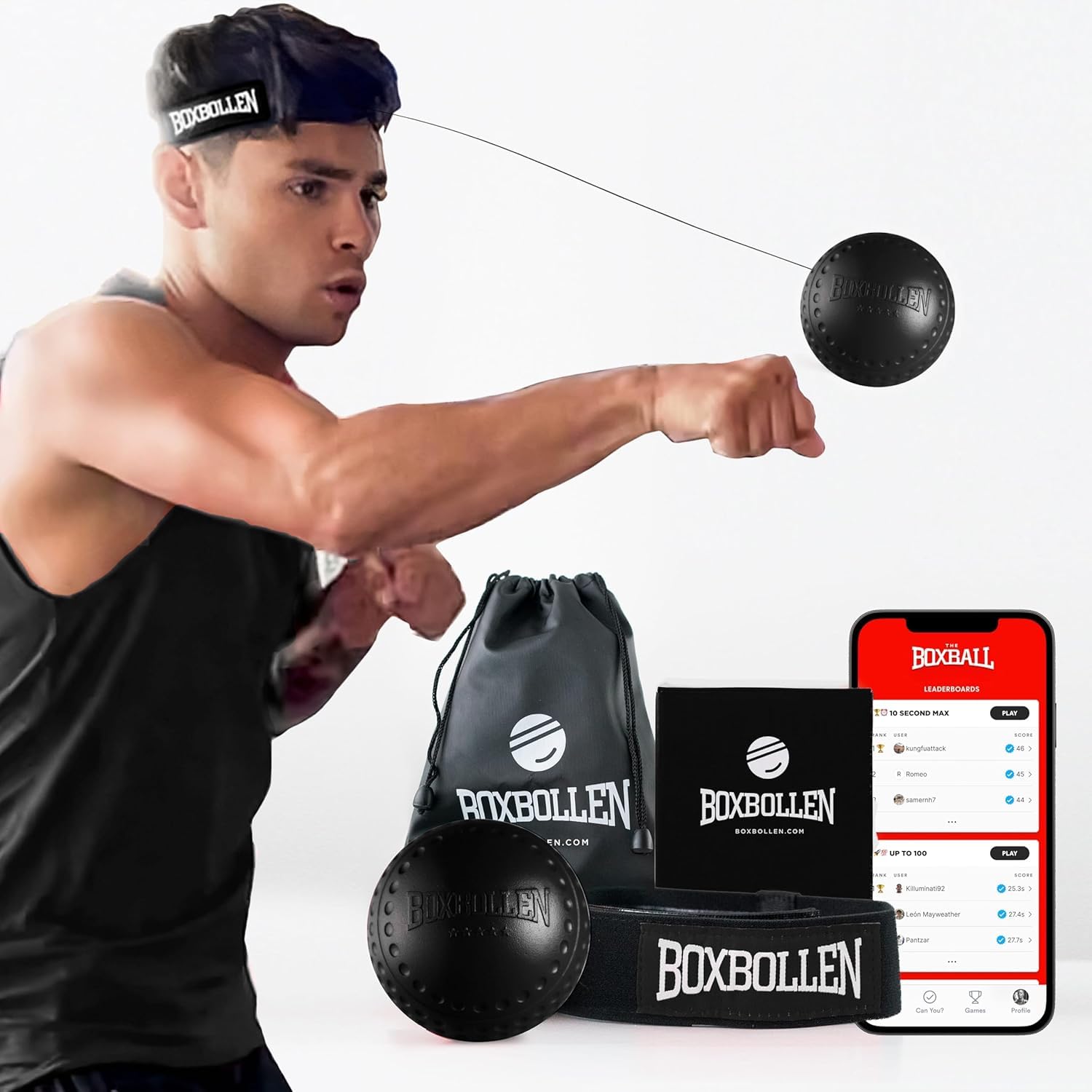 Boxbollen Black with App, Used by Celebrities - MMA Gear Boxing Ball - Reaction Ball with Adjustable Strap - Interactive Boxball App Integration - 1 Pack