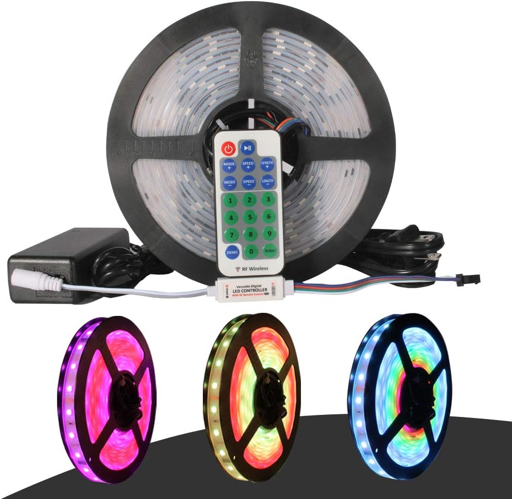 LED Strip Lights Kit,SPIGHTDEX Dream Magic Color Flexible Light Strip Digital IP67 Waterproof RGB SMD 5050 240 LEDs 16.4ft/5M IC with 12V 2A UL Listed Power Adapter +RF Remote Controller…