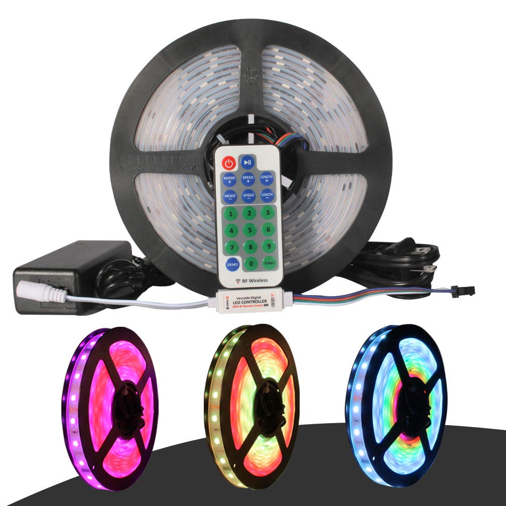 LED Strip Lights Kit,SPIGHTDEX Dream Magic Color Flexible Light Strip Digital IP67 Waterproof RGB SMD 5050 240 LEDs 16.4ft/5M IC with 12V 2A UL Listed Power Adapter +RF Remote Controller…