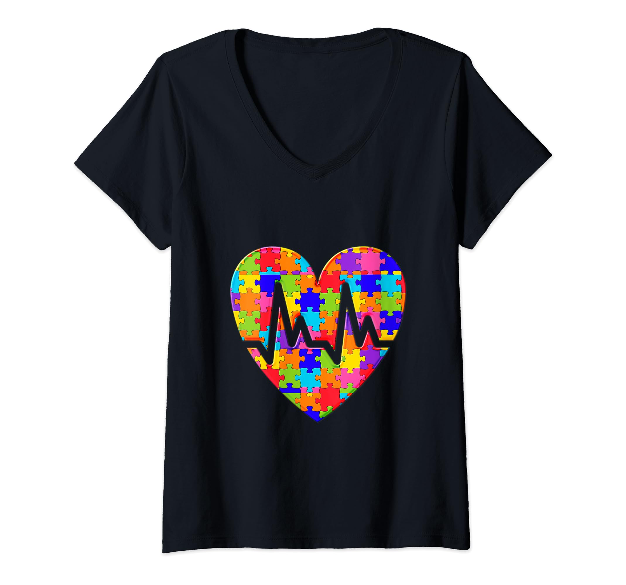 Womens Cardiology Heart cardiac heartbeat Jigsaw Autism Puzzle V-Neck T-Shirt