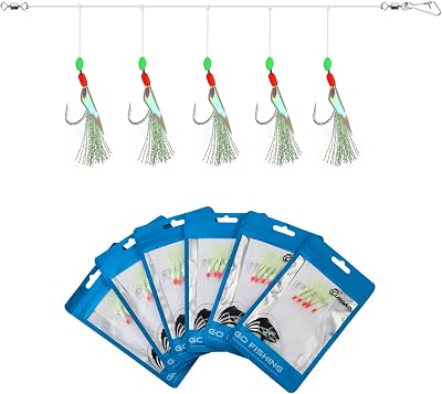 Luroad 6 Pcs Sea Fishing Rigs 30 Hooks Mackerel Feathers Luminous Beads