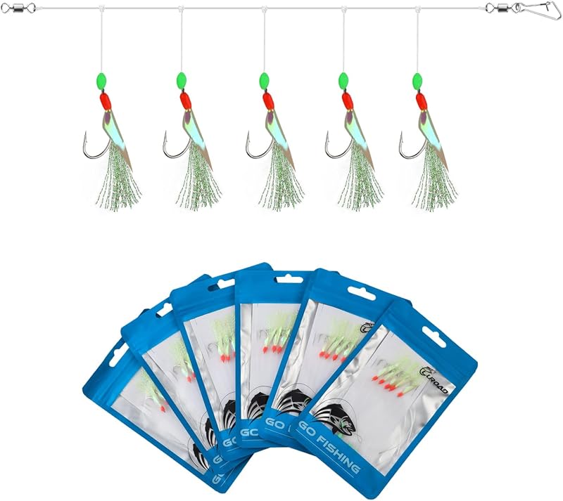 Luroad 6 Pcs Sea Fishing Rigs 30 Hooks Mackerel Feathers Luminous Beads