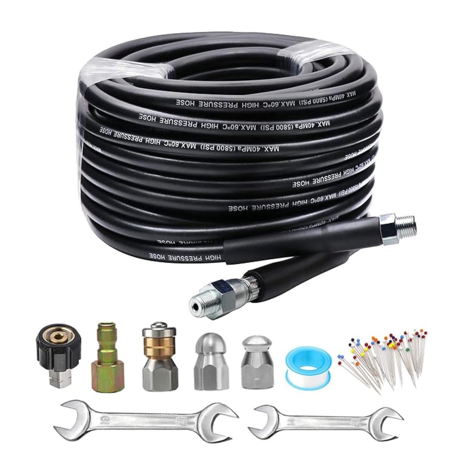 Aim Tools High Pressure Washer Sewer Jetter Kit Drain Cleaner Hose 30M / 100 FT, 5800 PSI, 1/4 Inch NPT, M22 14mm Fitting, Corner Rotating and Button Nose Sewer Jetting Nozzle