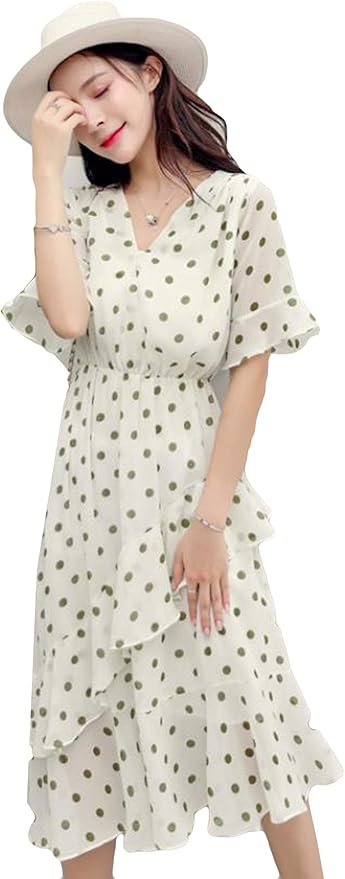 Alhylaシフォンワンピース レディース 夏服 韓国風 スタイリッシュ ハイウエスト ワンピース 女性 トッド柄 きれいめ フリルスカート ｖネック セクシー 魅力 ワンピース チュニック 通販 Amazon