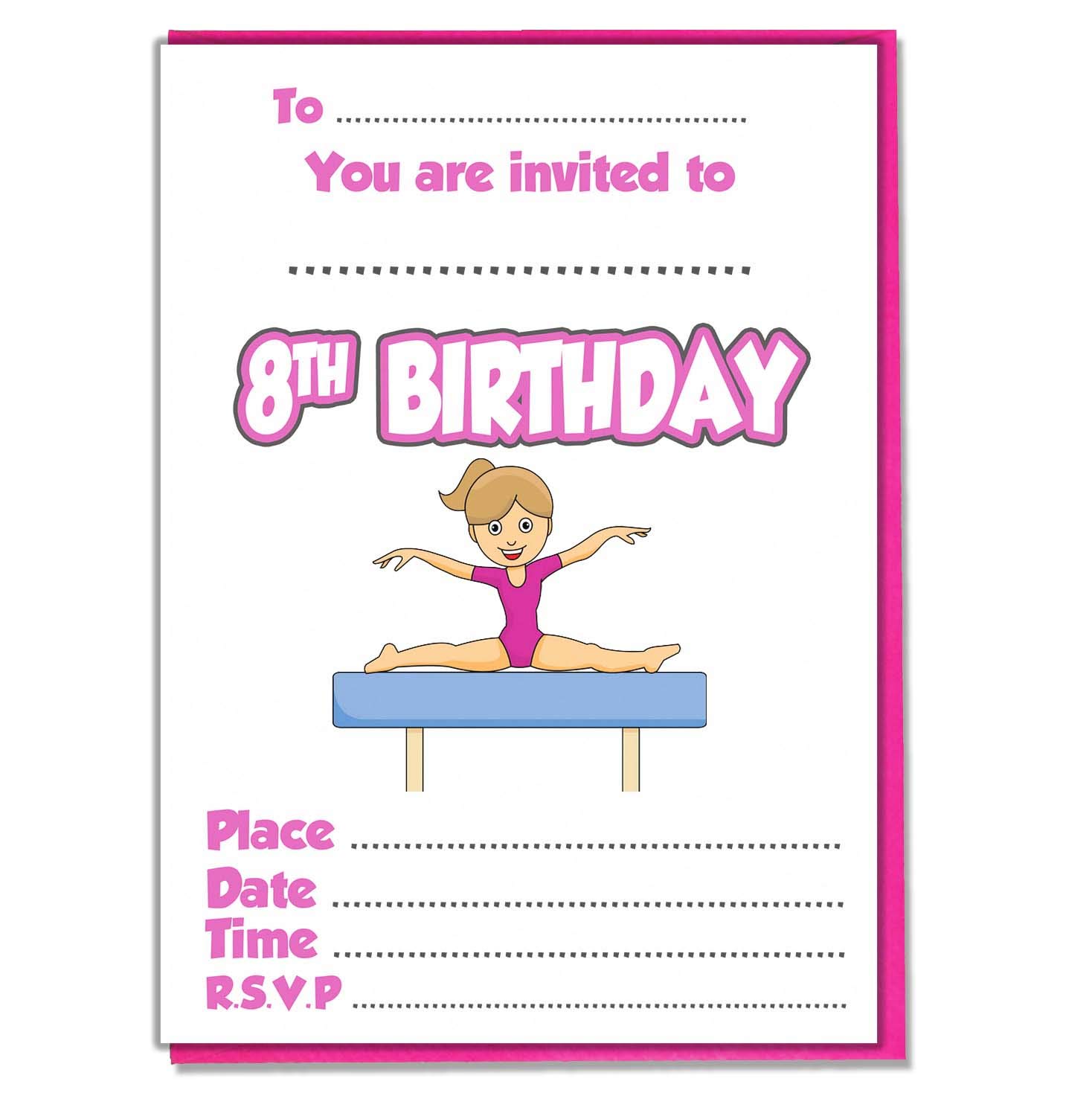 AK Giftshop Kids Girl Gymnastics Themed Party Invites - Birthday Boys Girls - Pack of 30 Invitations and Coloured Envelopes (8th Birthday)