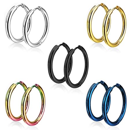 5 Paare 15mm Edelstahl Damen Herren Creolen Ohrringe Set, Titan Ohrringe Herren Schwarz Set, Ohrringe Creolen Silber, Ohrschm