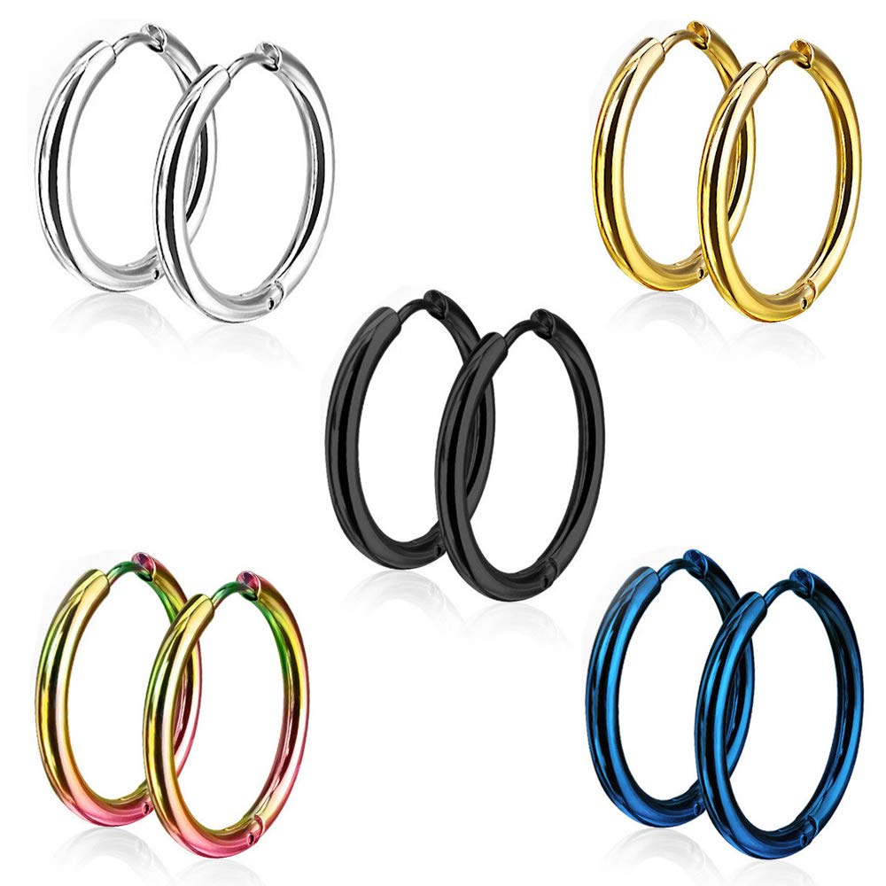 Epoch World 5 Pairs Stainless Steel Huggie Hinged Silver Hoop Earrings for Women Ladies Female Men Earrings Hoop Gold Black Small Hypoallergenic Piercing 15MM