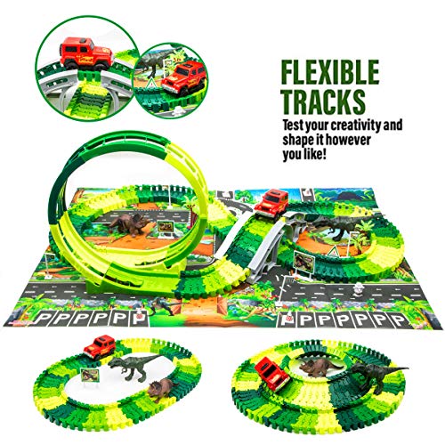 Dinosaur Race Track Toys Set -Single Loop Race Train Track Playset with a 3D Dinosaur Playmat,172 pcs Flexible Tracks and Dino Accessories.