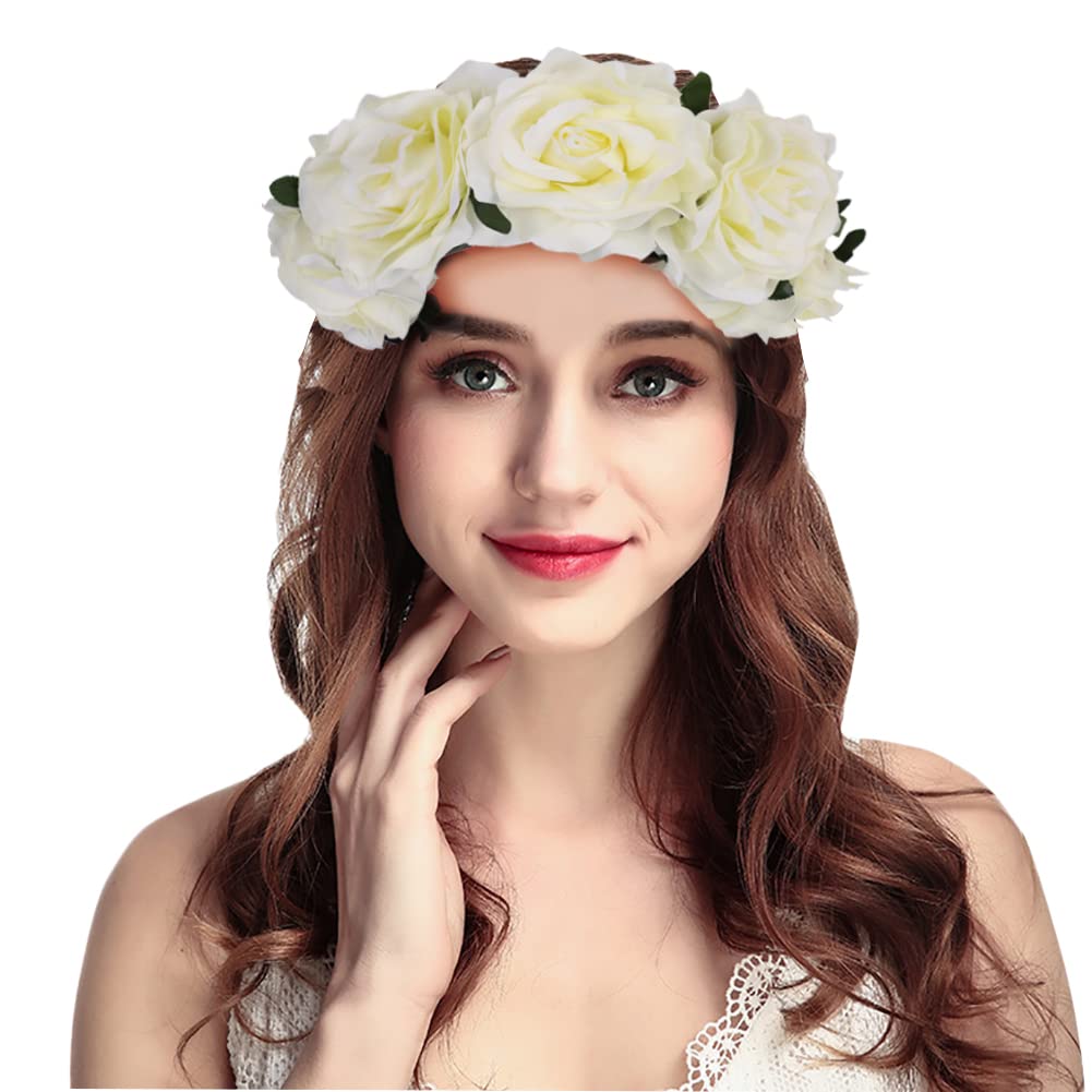 Flower Crown Headband for Women Rose Flower Hair Wreath Boho Floral Headband Wreath Bridal Floral Garland Headpieces Festival Hair Accessories for Ladies Girls Wedding Prom Festival Party Photography