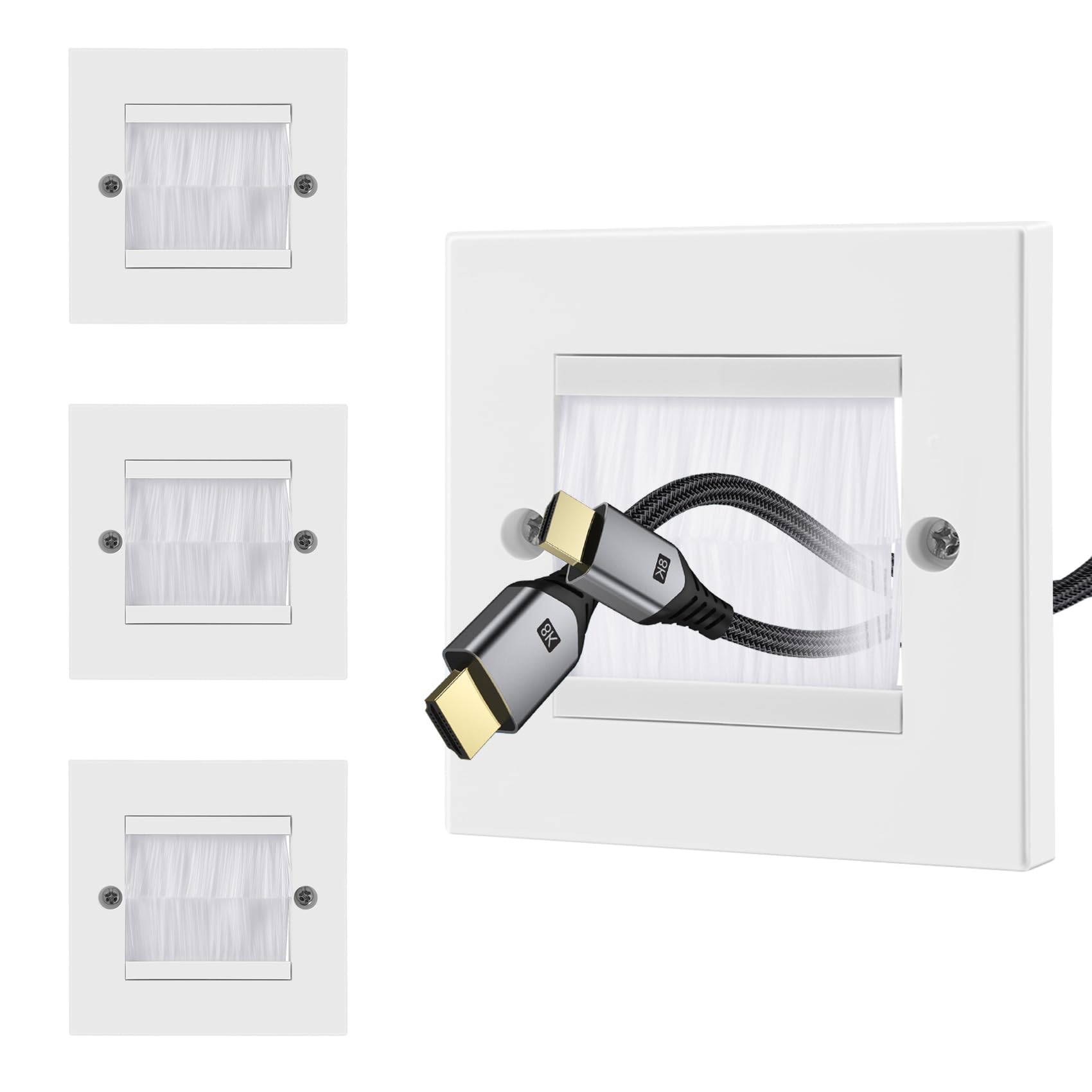 Dedjgoo 4PCS Brush Wall Plate Single Gang Brush Plate Faceplate for Cable Pass Through Cover Outlets, Sockets and Tidy Up Wires, White Wallplate with White Brush for Decorate Wall Home Office