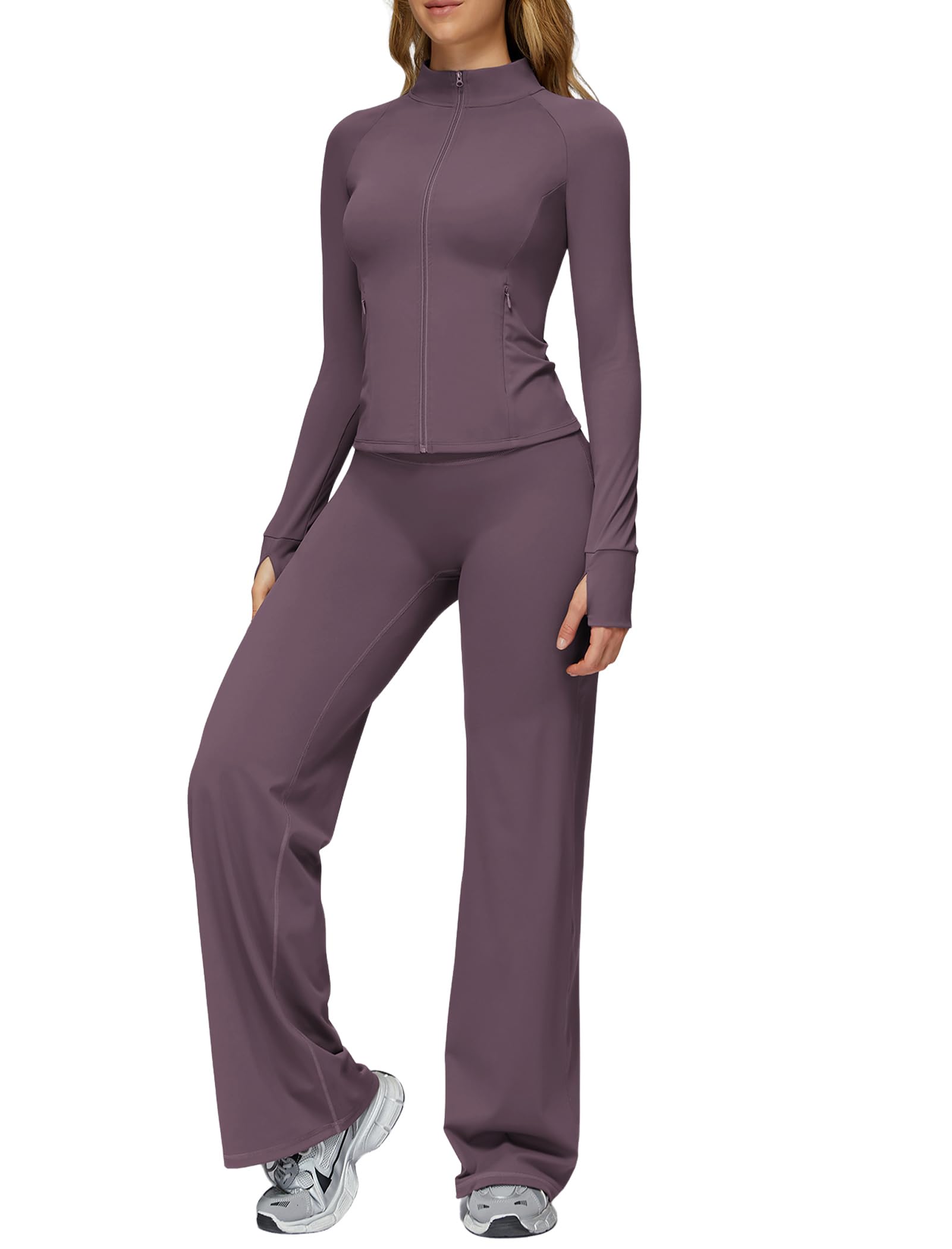 Photo 1 of 2 Piece Workout Sets for Women Compression Padded Zip Up Jacket Seamless High Waist Flare Leggings Jogger Outfits medium 