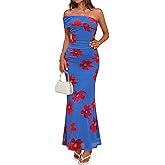 MEROKEETY Women's Floral Maxi Dress 2026 Summer Off Shoulder Ruched Mesh Bodycon Cocktail Wedding Guest Party Dresses