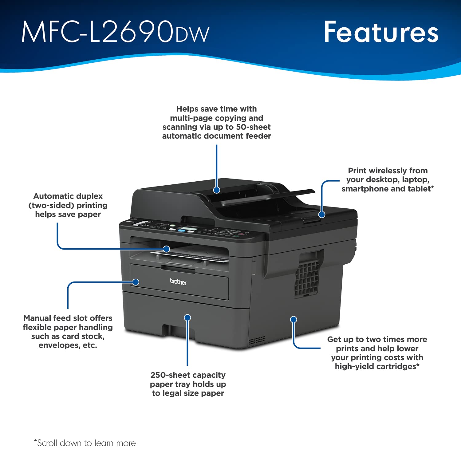 Brother MFC-L2690DW Monochrome Laser All-in-One Printer, Print Scan Copy Fax, Auto 2-Sided Printing, Wireless Connectivity, 26ppm, 250-sheet, Compatible with Alexa, Bundle with JAWFOAL Printer Cable