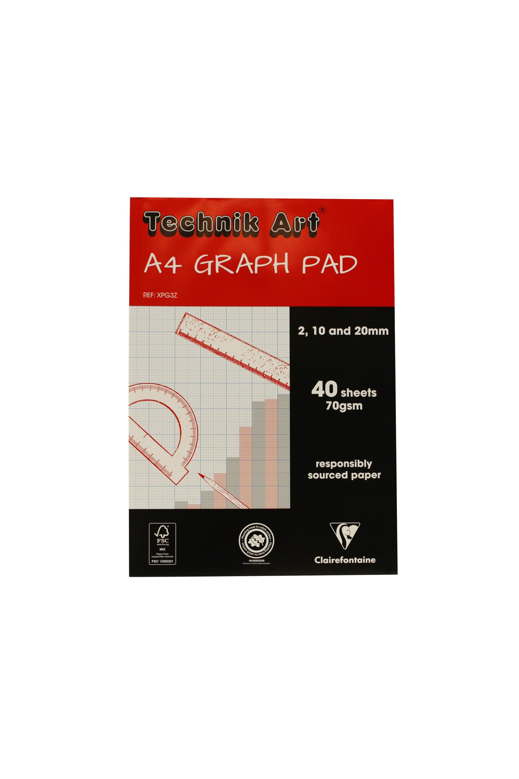 Clairefontaine - Ref XPG3Z - Technik Art - Graph Pad, A4 210 x 297mm, 2/10/20mm Blue Printed Grid Pattern, 40 Sheets Per Pad, Suitable for Photocopying - Blue & White