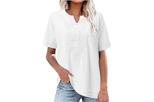 Mzkdieey Women's Embroidered Blouse Cotton Linen Short Sleeve Peasant Boho Tunic Tops Casual Notch V Neck Loose Fit T-Shirt