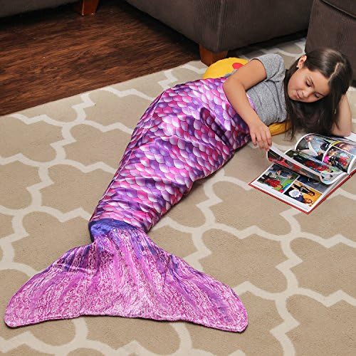 Mermee - Girl's (3-12 Years Old) Purple Pink Mermaid Tail Blanket - Super Soft All Season Cozy Blanket - Vibrant Scales