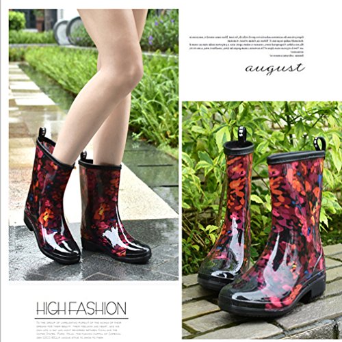 Women Half Calf Rubber Rainboots Floral Printed Waterproof Rubber for Garden Women rain Footwear Size 8.5