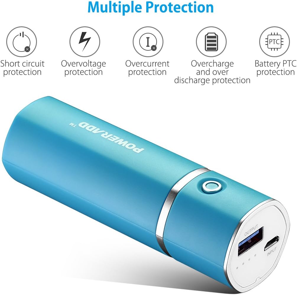 [Upgraded] POWERADD Slim 2 Most Compact 5000mAh External Battery 2.1A Output Portable Charger with Smart Charge for iPhones iPad Samsung Galaxy HTC and More - Blue