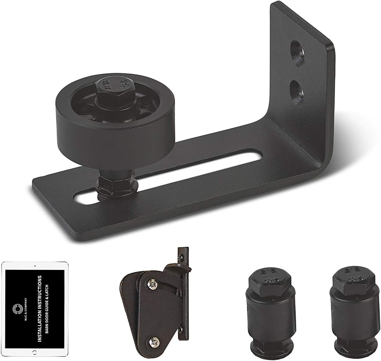 MJC & Company - Adjustable Sliding Barn Door Floor Guide and Latch Kit (Black, Multi-Design) Fits Barn Doors up to 3 Inches - Wall Mounted, Flush Bottom Design - Interior or Exterior
