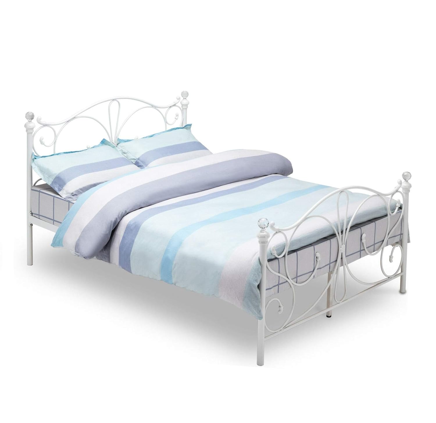 mecor Double White Metal Bed Frame Crystal Finials with Headboard