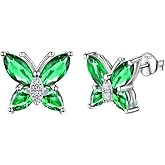 Butterfly Birthstone Stud Earrings - Women 925 Sterling Silver Butterflies Birthstone Stud Earrings Birthday Gift for Women