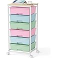 Rolling Storage Cart with Drawers,Utility Cart with 6 Large Drawers and Wooden Tabletop,Craft Storage Cart with Lockable Wheels for Bedroom, Office, Classroom, Kids'Room, Living Room (Rainbow)