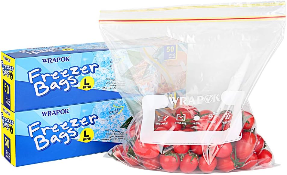 WRAPOK Ziplock Freezer Bags Large Reusable Food Plastic Seal Bag Soup Storage Zip Lock Bag, 10.5 x 11 Inch - 100 Count