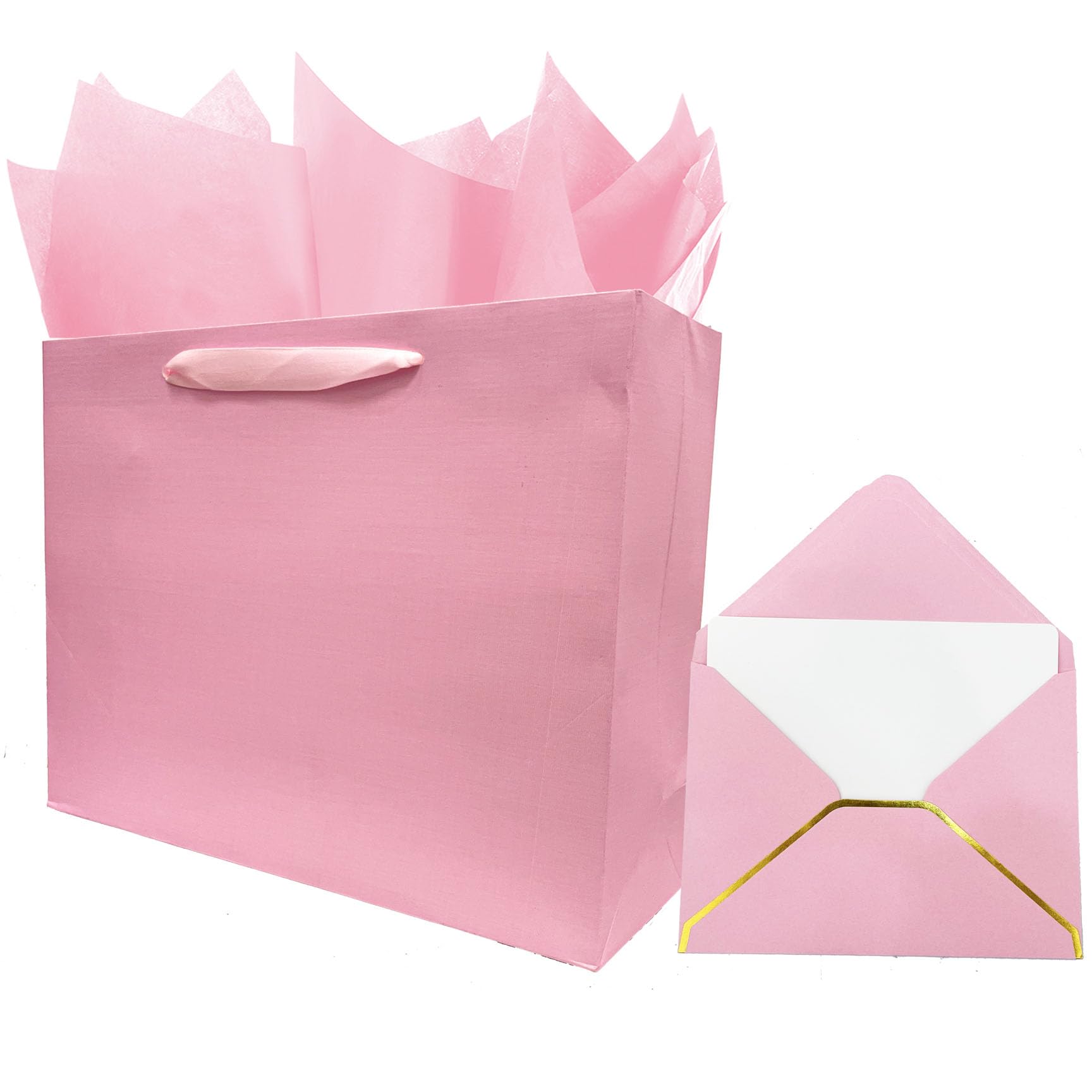 Photo 1 of jabberwpacking 9" Medium Pink Premium Gift Bag with Tissue Paper and Card (Silk Paper Gift Bag) for Women Girl Birthday Baby Shower