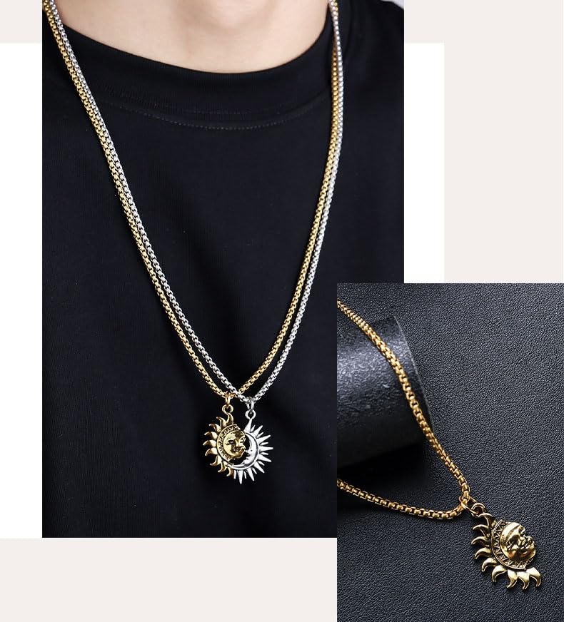 liveliwithmin Asymmetric Sun and Moon Matching Necklace for Couple Titanium Steel Accessories for Men Women Vintage Couple Half Moon Sun Pendant Necklace for Valentine's Day