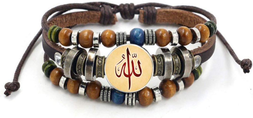 MAY HAPPY Vintage Islam Allah Beads Leather Bracelet Glass Cabochon Charm Snap Button Bracelets for Men Women Muslim Jewelry Accessories