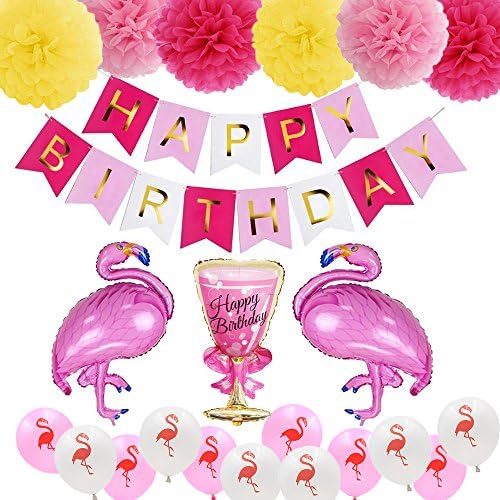 Luau Flamingo Party Supplies Set, Party?Decorations?for Kids, Happy Birthday Banner, Latex &amp; Foil Balloons, Paper Tissues Pom Pom Flowers for Tropical Luau Hawaiian Summer Party