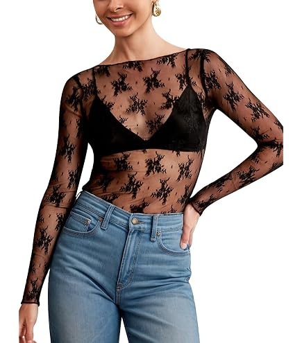 CYCLAMEN Mesh Printed Layering Top for Women Lace Undershirt Long