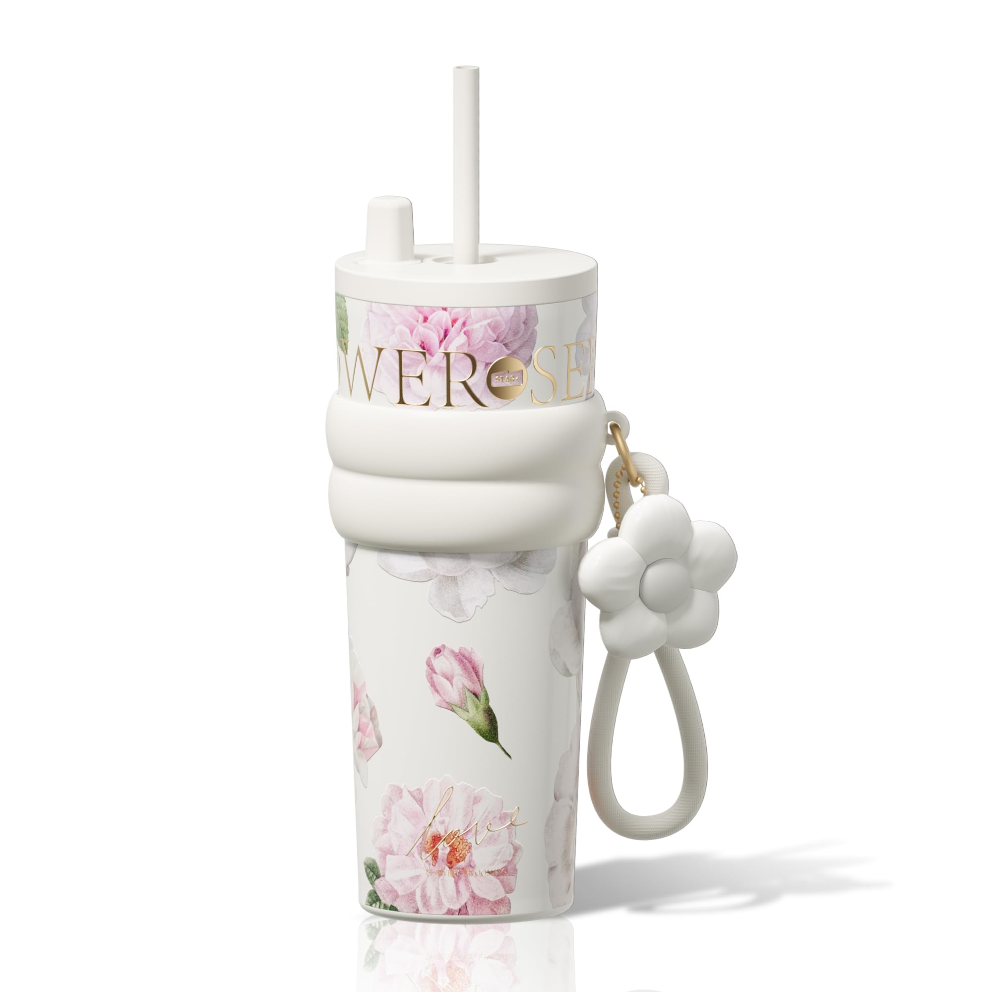 Sidagar 24 oz Insulated Tumbler witn Lid and Straw, Stainless Steel Reusable Leak Proof Water Bottle, Travel Portable Coffee Mug for Hot and Cold, Thermal Cup for Women, Floral White