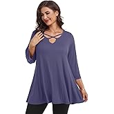 LARACE Plus Size Tops for Women V Neck 3/4 Sleeve Tunic Criss Cross Dress Shirts Casual Fall Blouse for Leggings Grayishpurple