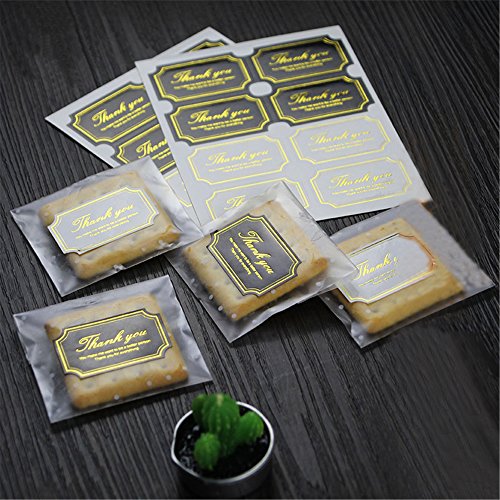 Felice Arts White Dots Self Adhesive Plastic Cookie Bags For Gift Giving 4x4 Inch 100 Bags+100 Thank You Labels