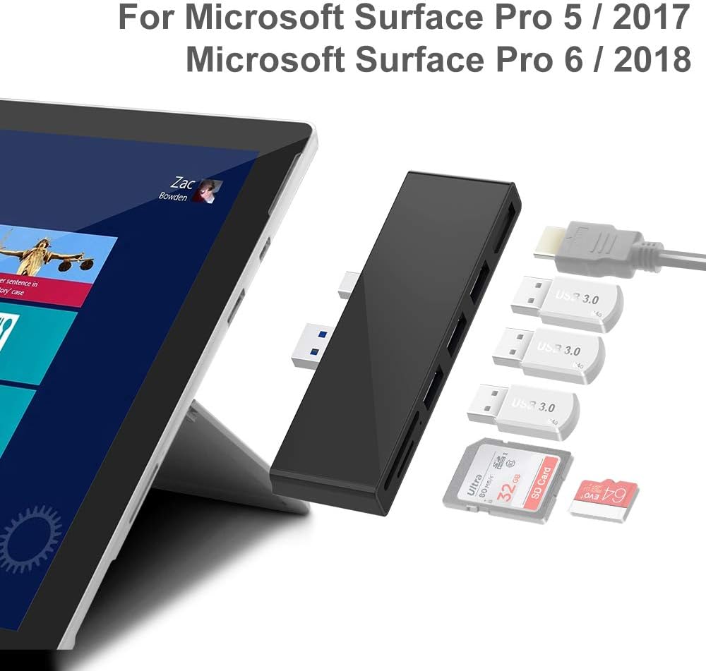 Surface Pro 5/6 Portable Docking Station, 4K DP Output, 3 x USB 3.0 Ports, SD/Micro SD Card Reader,USB hub Compatible with The 5th/6th-gen Surface Pro 2017/2018