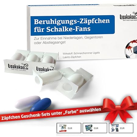 Beruhigungs-Zäpfchen® für Schalke-Fans | Lakritz-Zäpfchen für Schalke-Fans zur Einnahme bei Niederlagen, Gegentoren & Abstieg