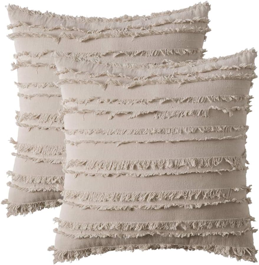 MIULEE Set of 2 Decorative Boho Throw Pillow Covers Cotton Linen Striped Jacquard Pattern Cushion Covers for Sofa Couch Living Room Bedroom 18x18 Inch Beige: Home & Kitchen