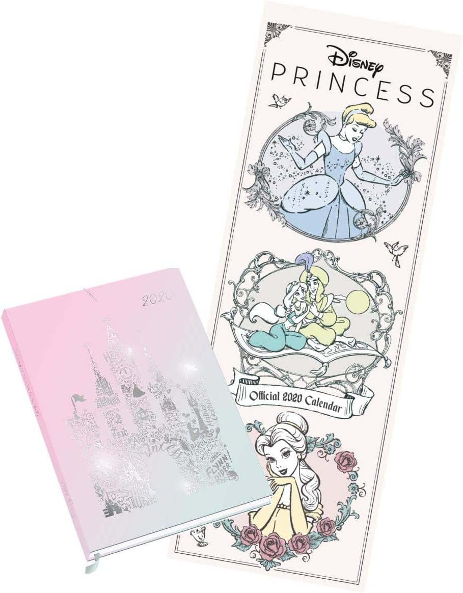 Disney Princess Slim Calendar 2020 and Disney Princess A5 Diary with Organisational Stickers Gift Set