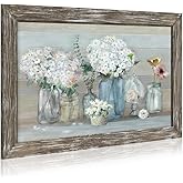 Framed White Flower Wall Art: Wooden Floral Print Painting Rustic Botanical Vase Artwork for Bedroom