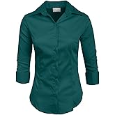 NE PEOPLE Button Down Shirt - Women's 3/4 Sleeve Roll Up Stretch Collar Office Work Formal Casual Basic Blouse Top (S-6XL)