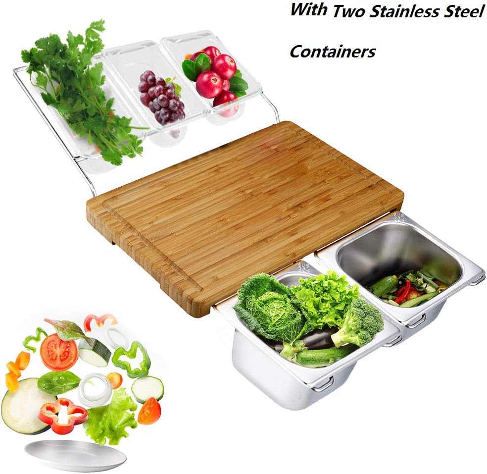 2020 New Extensible Bamboo Cutting Board Set with 5 Containers for Kitchen with Juice Groove, Eco-friendly Chopping and Serving Board for Meats Bread Fruits FDA Approved