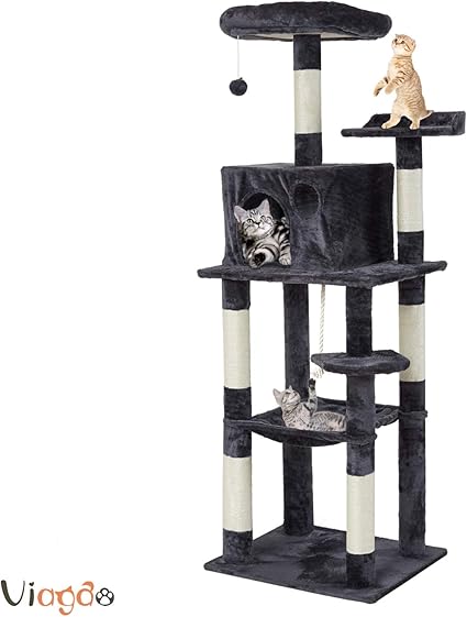 cat tree with food bowl