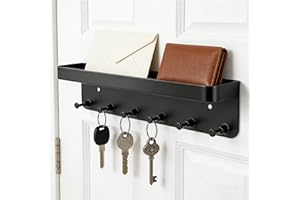 Key Holder Wall Mount, Adhesive Hooks Rack with Shelf, Mail Organizer Tray with 6 Key Hooks for Door and Wall (Black)