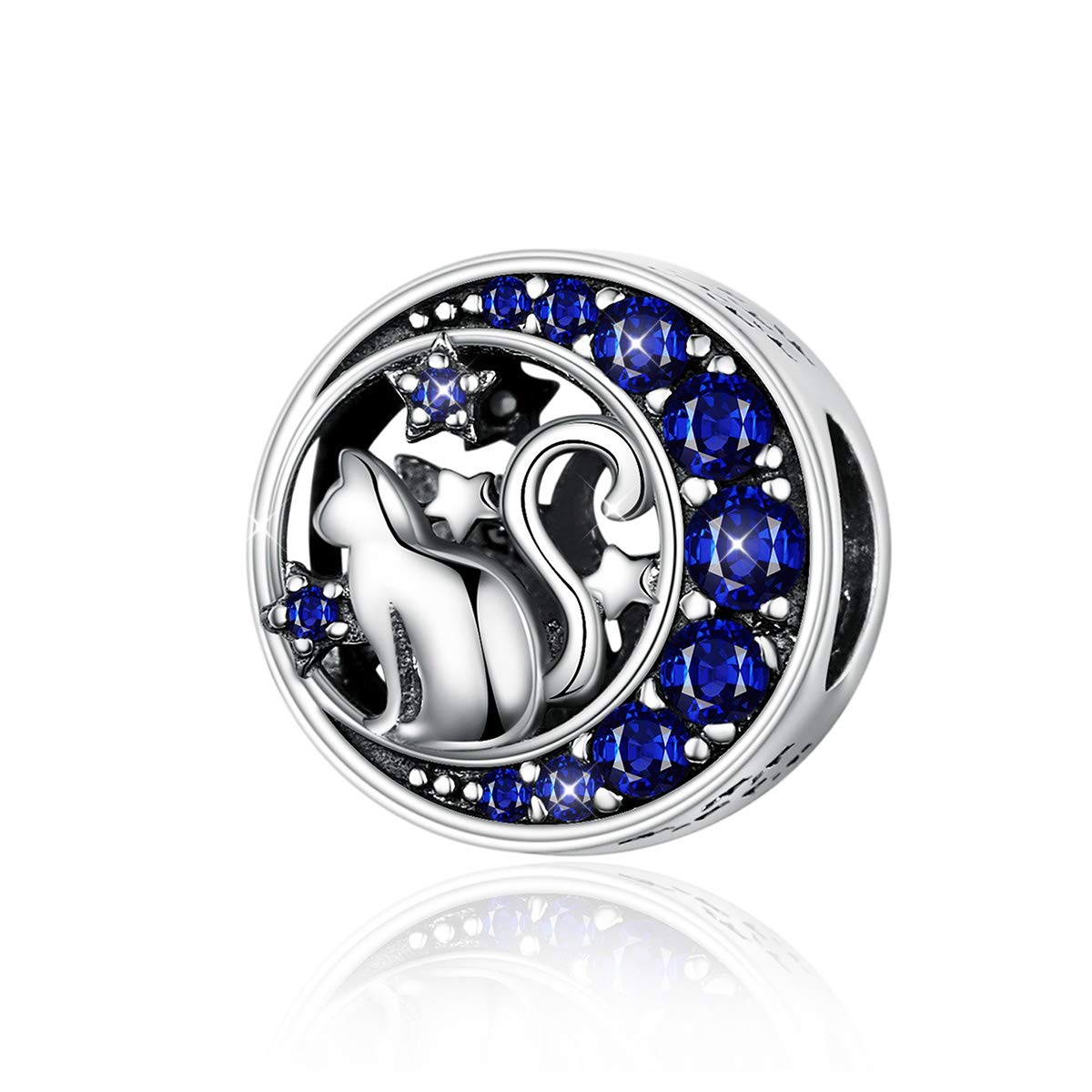 Cat Charms 925 Sterling Silver Pet Animal Star Moon Blue Cubic Zirconia Charm Beads compatible with Pandora Bracelet Necklace