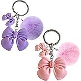 YSSZAM 2 Pcs Cute Plush Keychain Artificial Fur Ball Keychains Fluffy Pendant Car Bag Charm, Pink Bow Pom Pom Keychain Soft Lovely Backpack Keyring for Women's Keyrings & Keychains